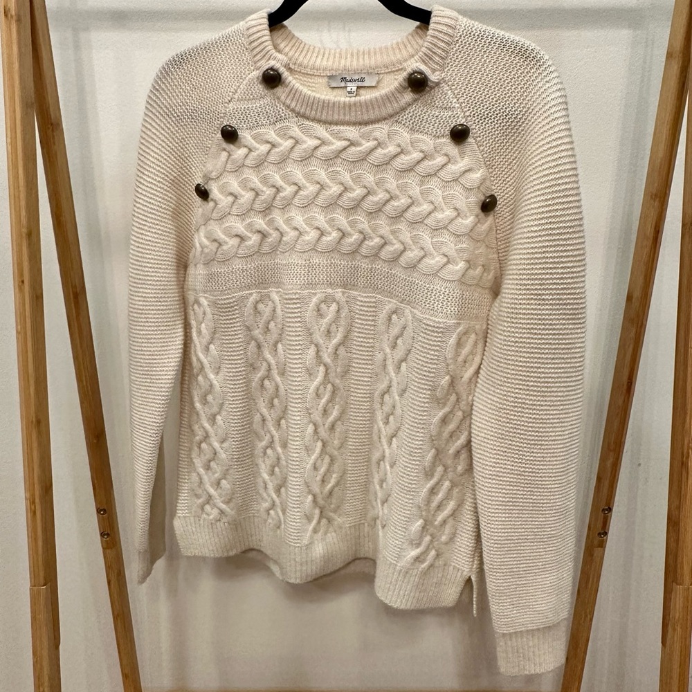Madewell Button Detail Cable Knit Pullover Sweater, Antique Cream, Size Small